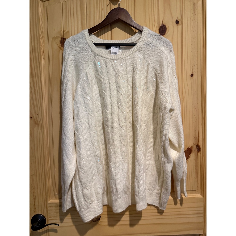 Lane Bryant Cream Cable Knit Sequin Sweater Womens 22/24 White Pullover NEW
